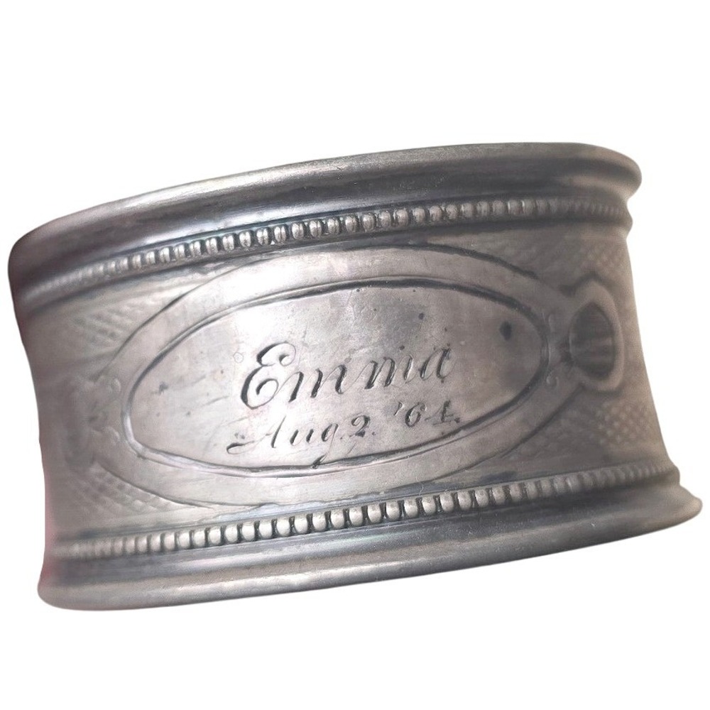 Antique Silver Plate Napkin Ring Engraved Emma Aug 2 1904 Beaded Edge Etched